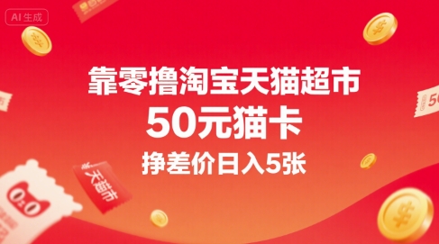 靠零撸淘宝天猫超市50元猫卡，挣差价日入5张-青年网赚