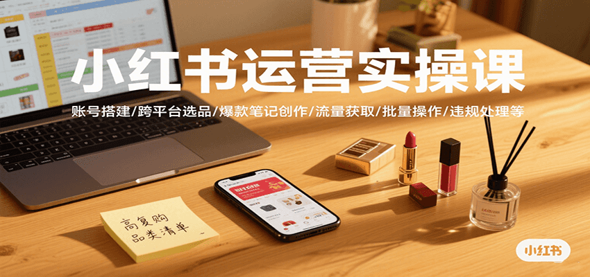 小红书运营实操课，账号搭建/跨平台选品/爆款笔记创作/流量获取/批量操作/违规处理等-青年网赚