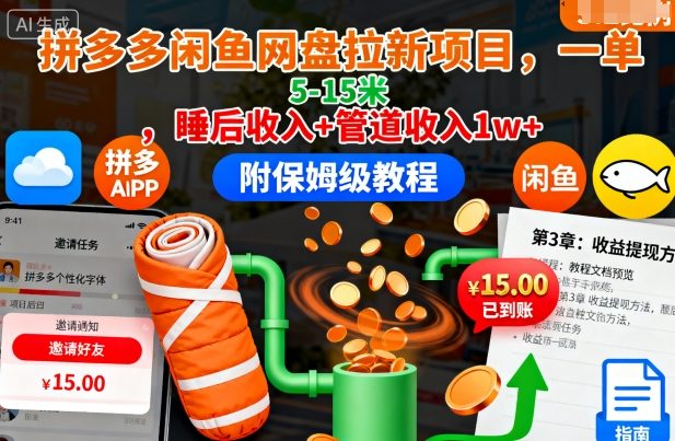 拼多多闲鱼网盘拉新项目，一单5-15米，睡后收入+管道收入1w+(附保姆级教程)-青年网赚