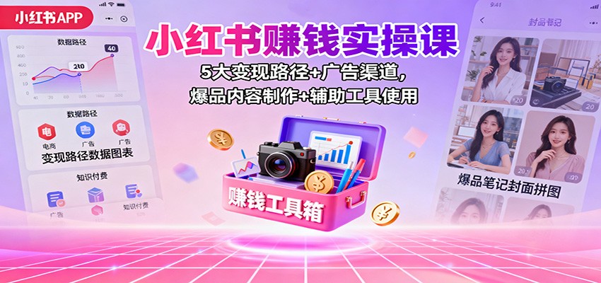 小红书赚钱实操课：5大变现路径+广告渠道，爆品内容制作+辅助工具使用-青年网赚