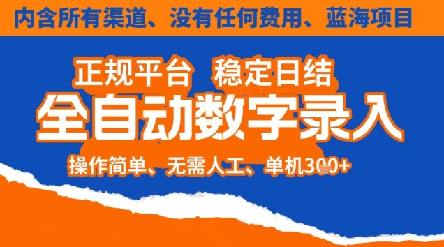 全自动数字录入，单机日入3张+，内含所有渠道全程免费零成本，操作简单可矩阵开干【揭秘】-青年网赚
