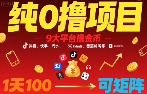 纯0撸项目，9大平台撸金币，抖音，快手，汽水，番茄畅听等，1天100，可矩阵-青年网赚