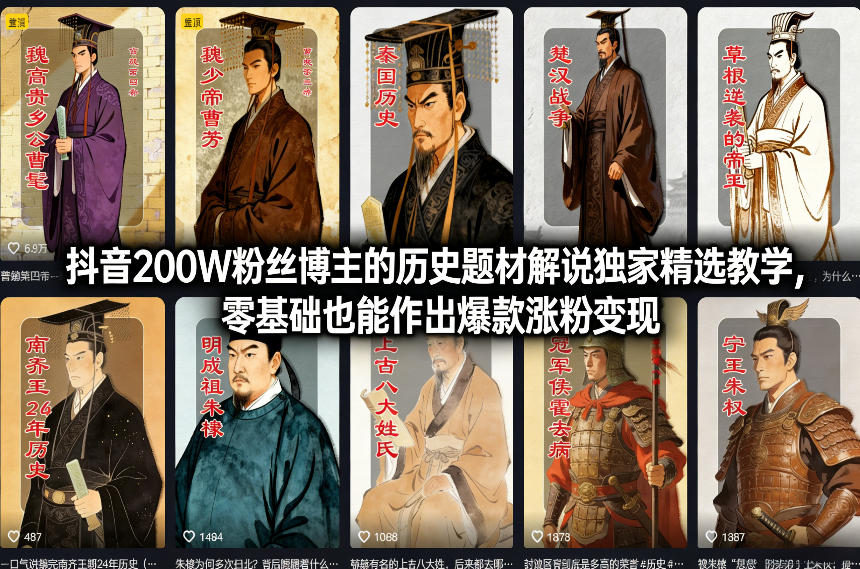 抖音200W粉丝博主的历史题材解说独家精选教学,零基础也能作出爆款涨粉变现-青年网赚