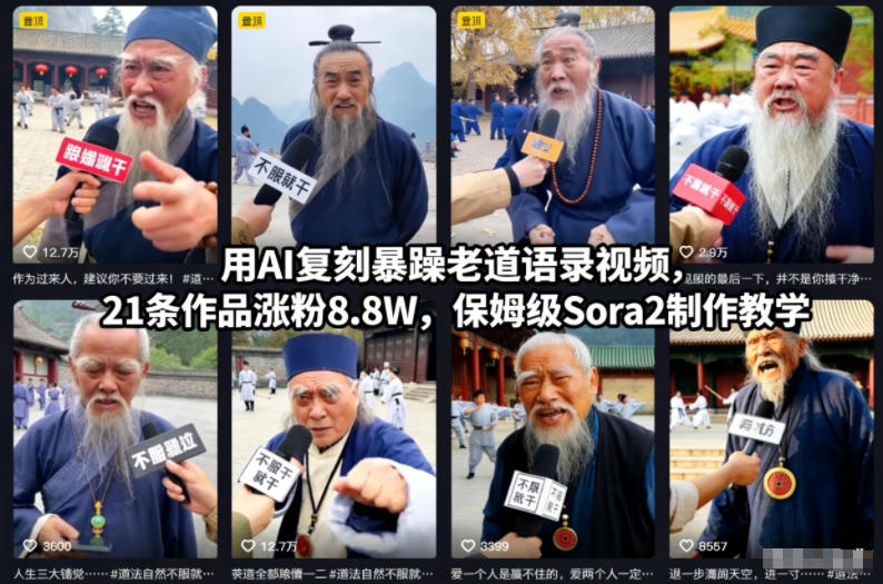 用AI复刻暴躁老道语录视频，21条作品涨粉8.8W，保姆级Sora2制作教学-青年网赚