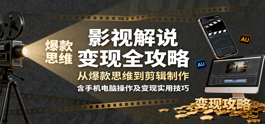 影视解说变现全攻略：从爆款思维到剪辑制作，含手机电脑操作及变现实用技巧-青年网赚