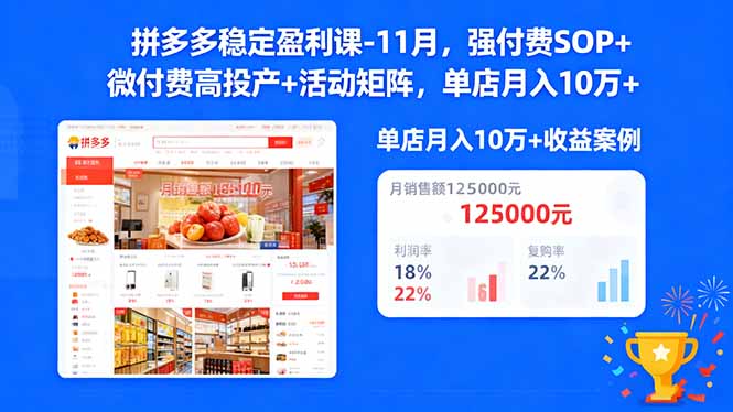 拼多多稳定盈利课-11月，强付费SOP+微付费高投产+活动矩阵，单店月入10w+-青年网赚