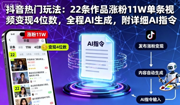 抖音热门玩法：22条作品涨粉11W单条视频变现4位数，全程AI生成，附详细AI指令-青年网赚