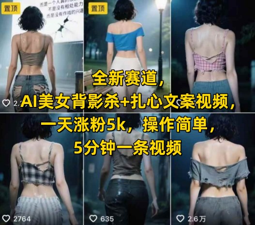全新赛道，AI美女背影杀+扎心文案视频，一天涨粉5k，操作简单，5分钟一条视频-青年网赚