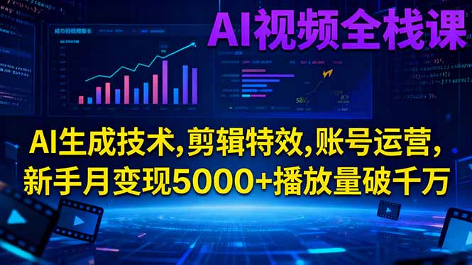 AI视频全栈课:AI生成技术,剪辑特效,账号运营,新手月变现5000+播放量破千万-青年网赚