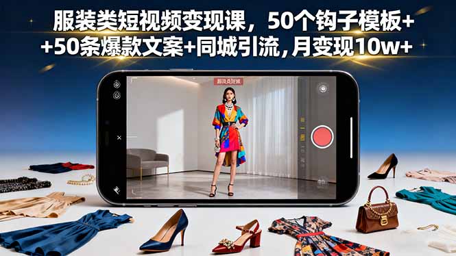 服装类短视频变现课，50个钩子模板+50条爆款文案+同城引流，月变现10w+-青年网赚