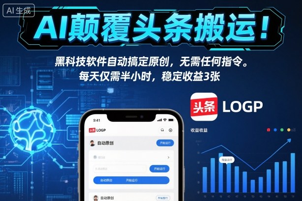 AI颠覆头条搬运!黑科技软件自动搞定原创,无需任何指令。每天仅需半小时,稳定收益3张【揭秘】-青年网赚