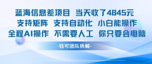 蓝海信息差项目当天收米1k+ 支持矩阵支持自动化小白能操作全程AI操作不需要人工你只要会电脑-青年网赚