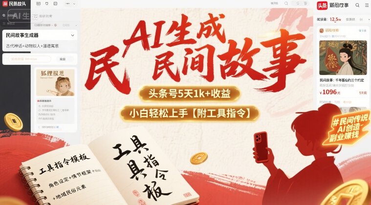 AI生成民间故事，头条号5天1k+，小白轻松上手【附工具指令】-青年网赚