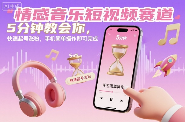 情感音乐短视频赛道，5分钟教会你，快速起号涨粉，手机简单操作即可完成-青年网赚