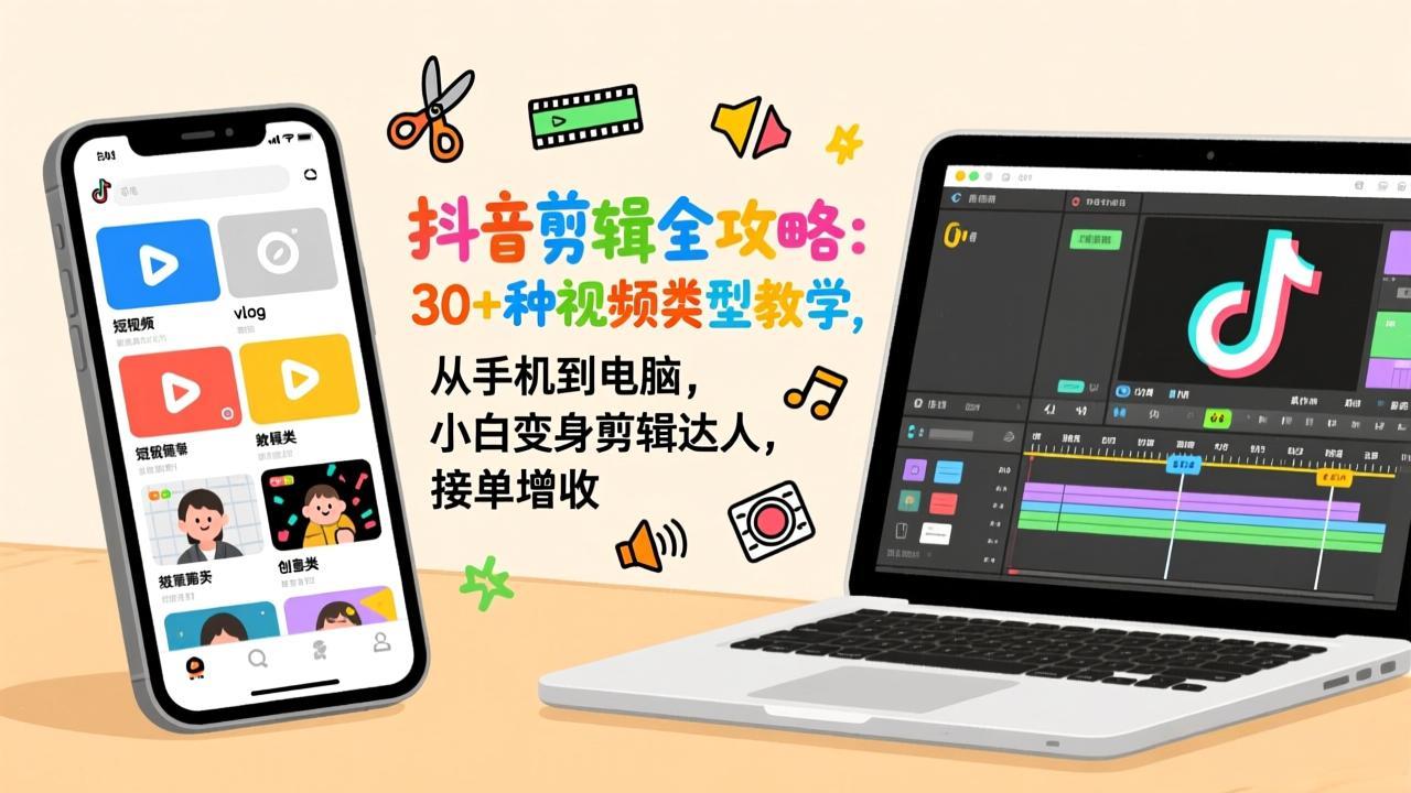 抖音剪辑全攻略：30+种视频类型教学，从手机到电脑，小白变身剪辑达人，接单增收-青年网赚