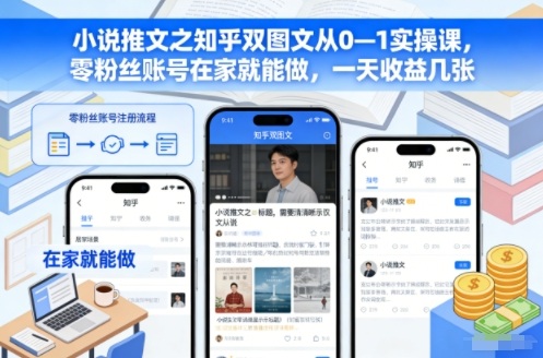 小说推文之知乎双图文从0—1实操课，零粉丝账号在家就能做，一天收益几张-青年网赚