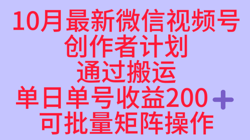 10月最新视频号收益最大化赛道长久稳定红利项目，单日单号收益2张+可批量矩阵操作-青年网赚