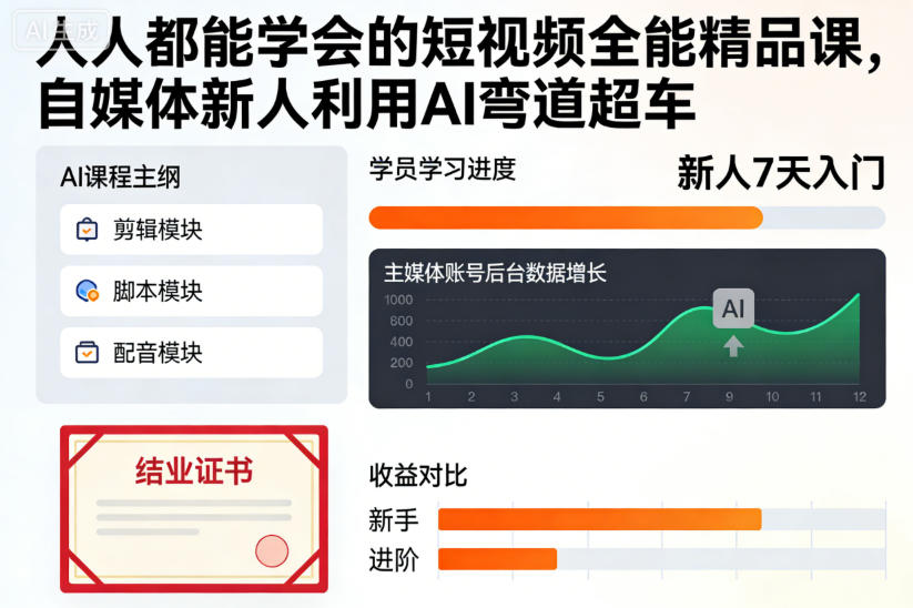 人人都能学会的短视频全能精品课，自媒体新人利用AI弯道超车-青年网赚