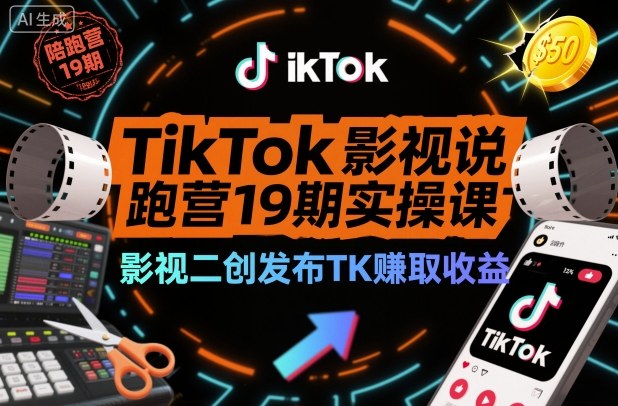 TikTok影视解说陪跑营19期实操课，影视二创发布TK賺取收益，万播收益50美金(更新)-青年网赚