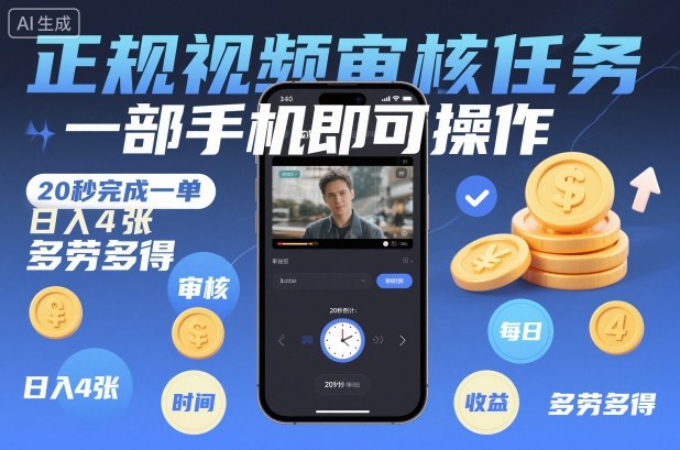 正规视频审核任务，一部手机即可操作，20秒完成一单，日入4张，多劳多得【揭秘】-青年网赚