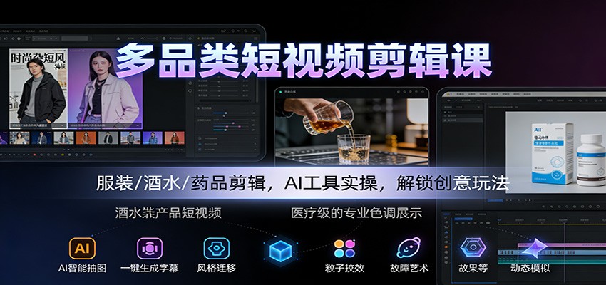 多品类短视频剪辑课：服装/酒水/药品剪辑，AI工具实操，解锁创意玩法-青年网赚