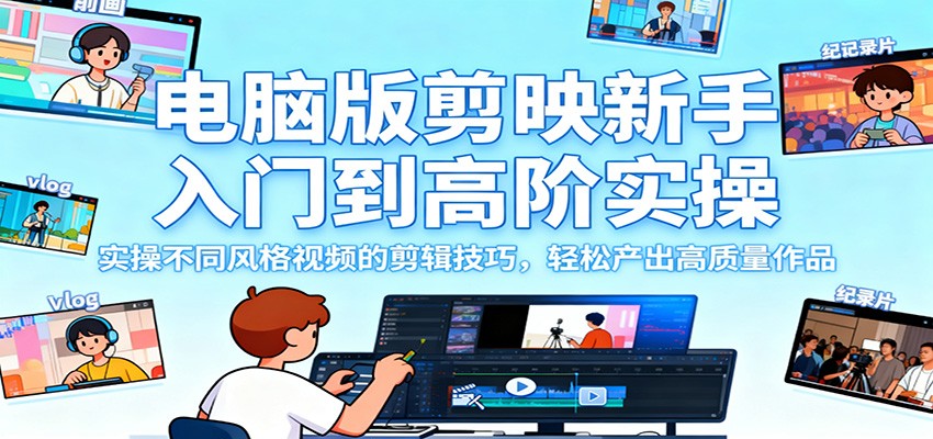电脑版剪映新手入门到高阶实操，实操不同风格视频的剪辑技巧，轻松产出高质量作品-青年网赚