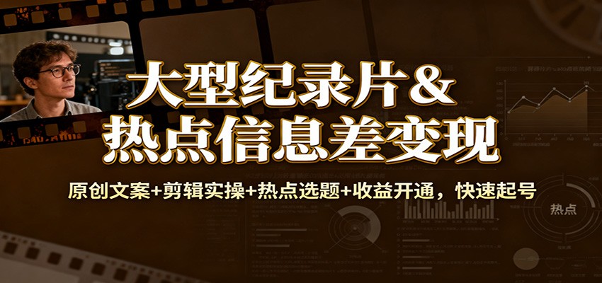 大型纪录片&热点信息差变现：原创文案+剪辑实操+热点选题+收益开通，快速起号-青年网赚