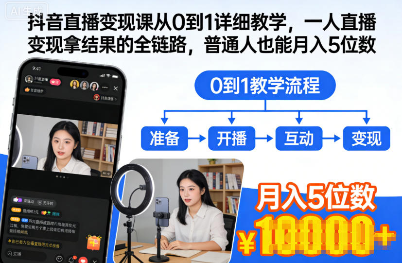 抖音直播变现课从0到1详细教学，一人直播变现拿结果的全链路，普通人也能月入5位数-青年网赚