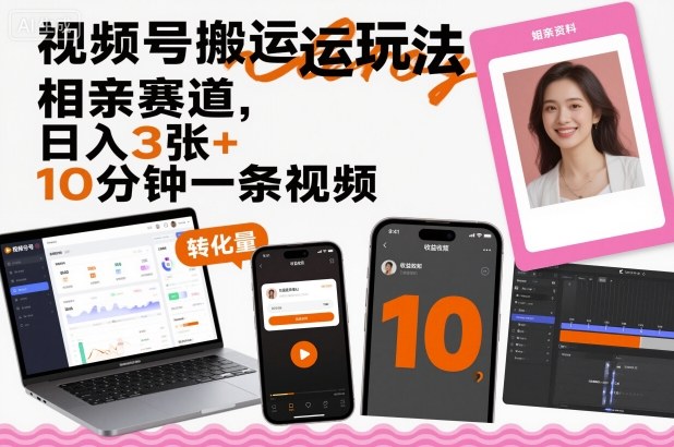 视频号搬运玩法，相亲赛道，日入3张+，10分钟一条视频-青年网赚