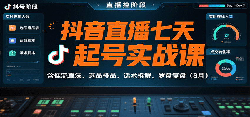 抖音直播七天起号实战课：含推流算法、选品排品、话术拆解、罗盘复盘(8月)-青年网赚