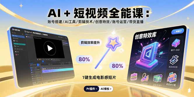 AI+短视频全能课：账号搭建/AI工具/剪辑技术/创意特效/账号运营/带货直播-青年网赚