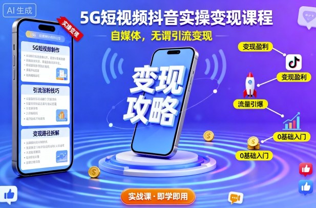5G短视频抖音实操变现课程，自媒体，无谓引流变现-青年网赚