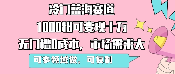 冷门蓝海赛道，1000粉可变现十W，无门槛0成本，市场需求大，可多领域做，可复制性强-青年网赚