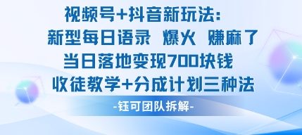 视频号加抖音新玩法：爆火新型每日语录，收徒教学加分成计划，三种变现玩法，当日变现7张-青年网赚