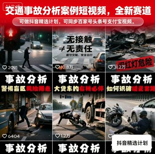 交通事故分析案例短视频，全新赛道，可做抖音精选计划，可同步百家号头条号支付宝视频号平台-青年网赚