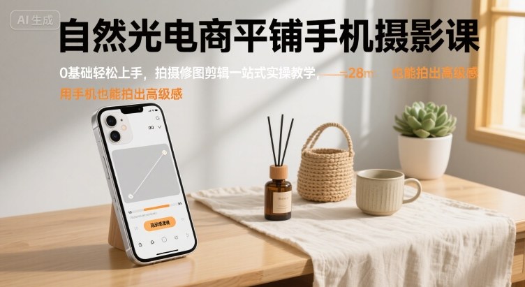 自然光电商平铺手机摄影课，0基础轻松上手，拍摄修图剪辑一站式实操教学，用手机也能拍出高级感-青年网赚