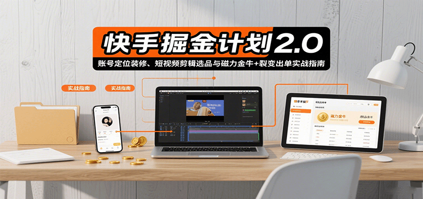 快手掘金计划2.0，账号定位装修、短视频剪辑选品与磁力金牛+裂变出单实战指南-青年网赚