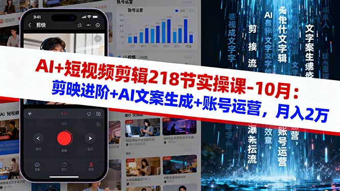 AI+短视频剪辑218节实操课-10月：剪映进阶+AI文案生成+账号运营，月入2万-青年网赚
