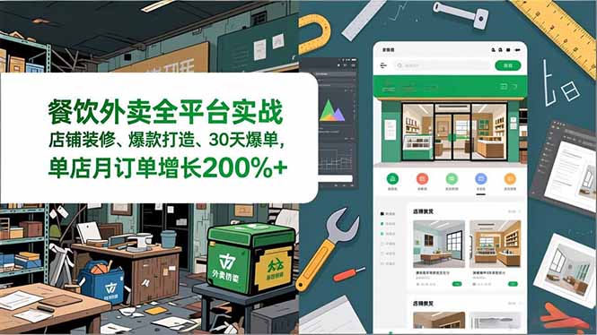 餐饮外卖全平台实战，店铺装修、爆款打造、30天爆单，手把手教学，单店月订单增长200%+-青年网赚