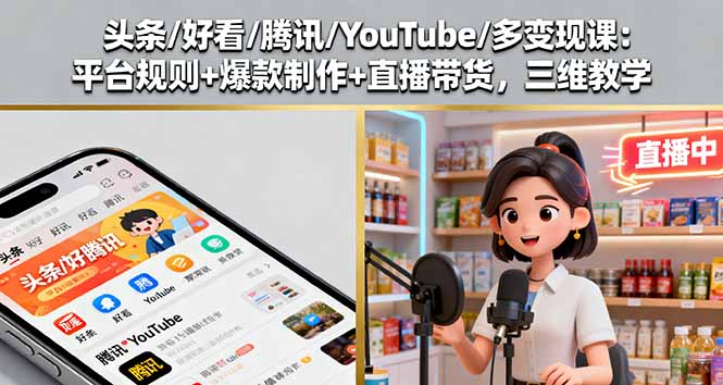 头条/好看/腾讯/YouTube/多变现课：平台规则+爆款制作+直播带货，三维教学-青年网赚