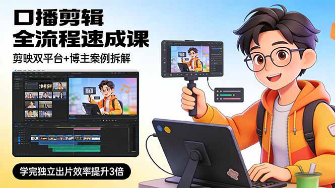 口播剪辑全流程速成课，剪映双平台+博主案例拆解，学完独立出片效率提升3倍-青年网赚