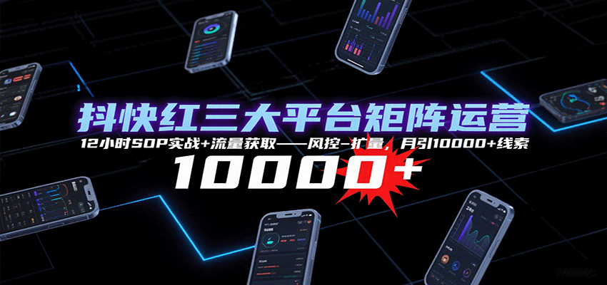 抖快红三大平台矩阵运营，12小时SOP实战+流量获取-风控-扩量，月引10000+线索-青年网赚