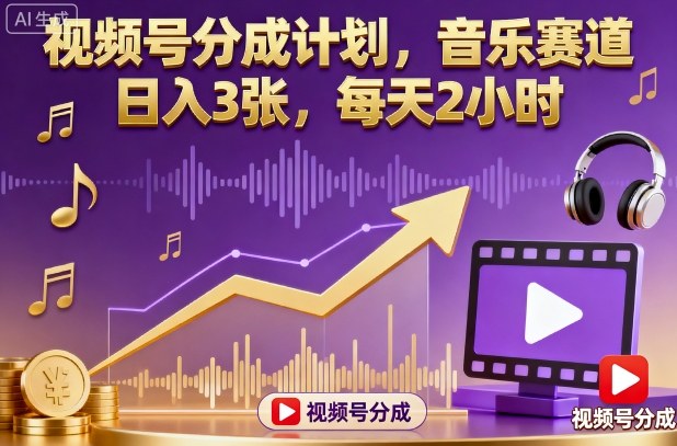 视频号分成计划，音乐赛道，日入3张，每天2小时-青年网赚