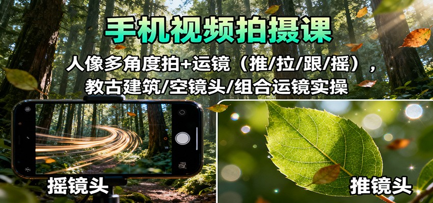 手机视频拍摄课：人像多角度拍+运镜(推/拉/跟/摇)，古建筑/空镜头/组合运镜实操-青年网赚