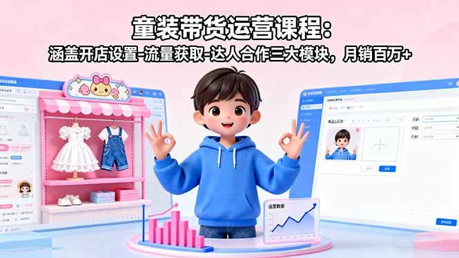 童装带货运营课程：涵盖开店设置-流量获取-达人合作三大模块，月销百万+-青年网赚