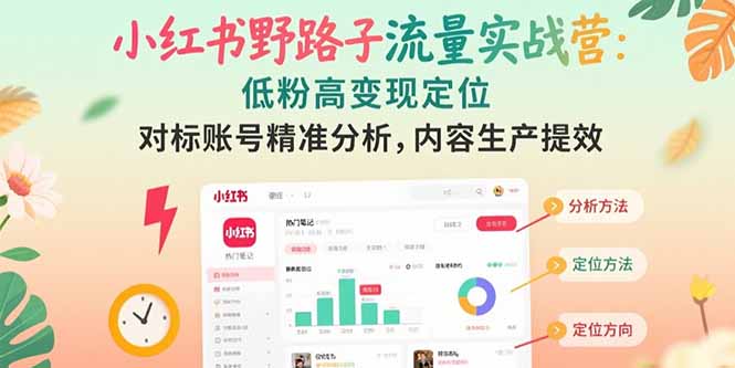 小红书野路子流量实战营：低粉高变现定位 对标账号精准分析 内容生产提效-青年网赚