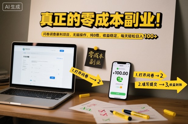 真正的零成本副业！问卷调查暴利项目，无脑操作，纯0撸，收益稳定，每天轻松日入100+【揭秘】-青年网赚