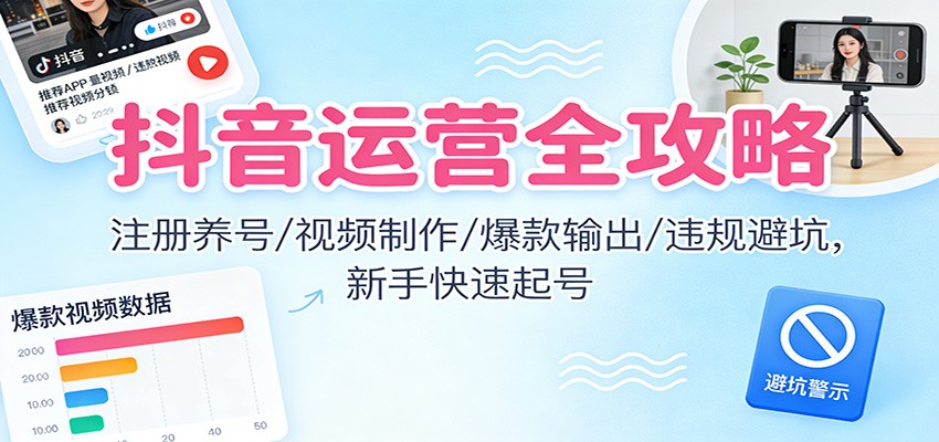 抖音运营全攻略：注册养号/视频制作/爆款输出/违规避坑，新手快速起号-青年网赚