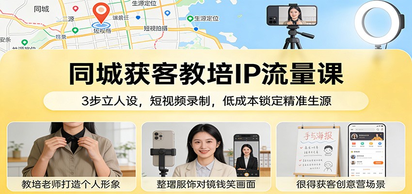 同城获客教培IP流量课：3步立人设，短视频录制，低成本锁定精准生源-青年网赚