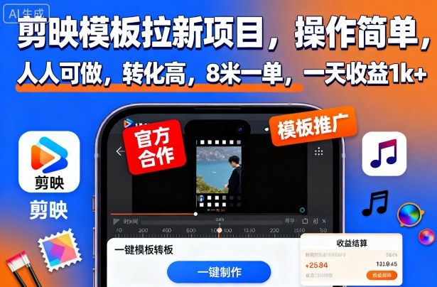 剪映模板拉新项目,操作简单,人人可做,转化高,8米一单,一天收益1k+-青年网赚